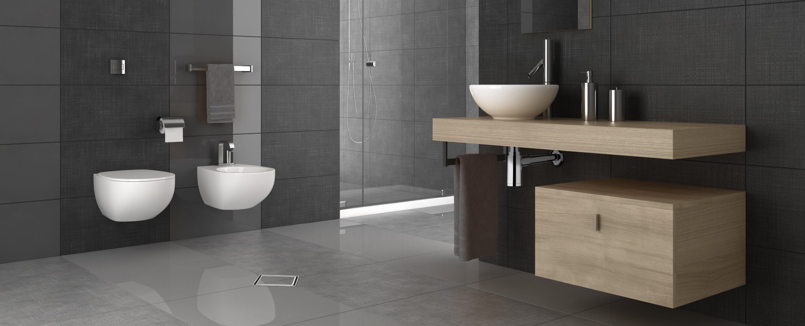 tiled bathroom with wood furniture